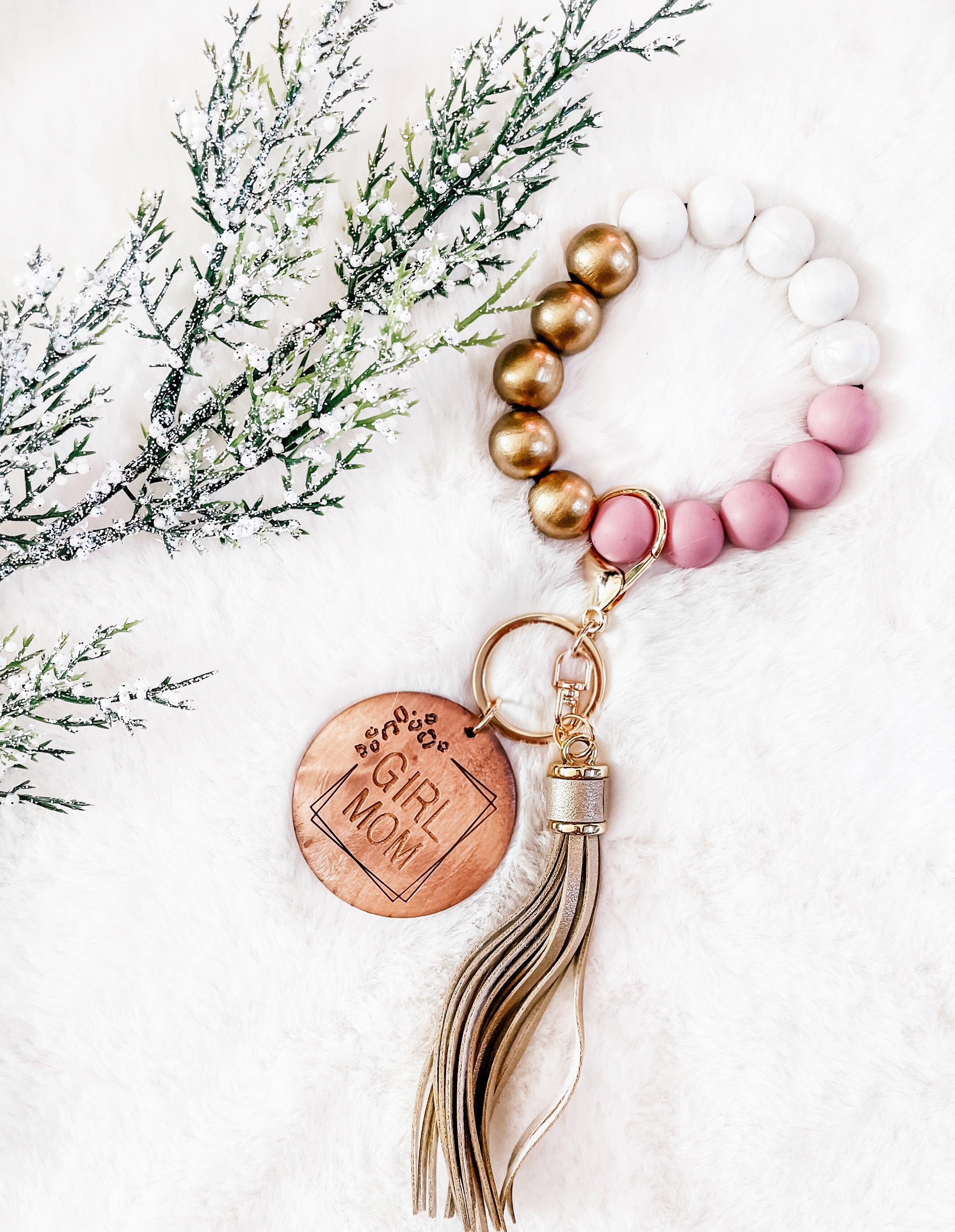 Trending Bright Pink & Ivory Bracelet Key Chain - Girl Mom