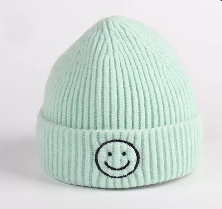 Kids Happy Face Beanies Hats - Mint