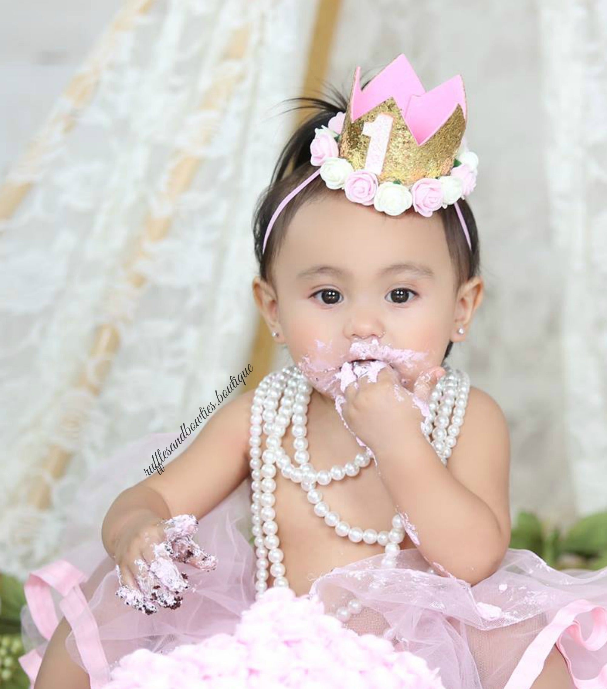 Pink and Gold Glitter First and Second Birthday Crown - One or Two