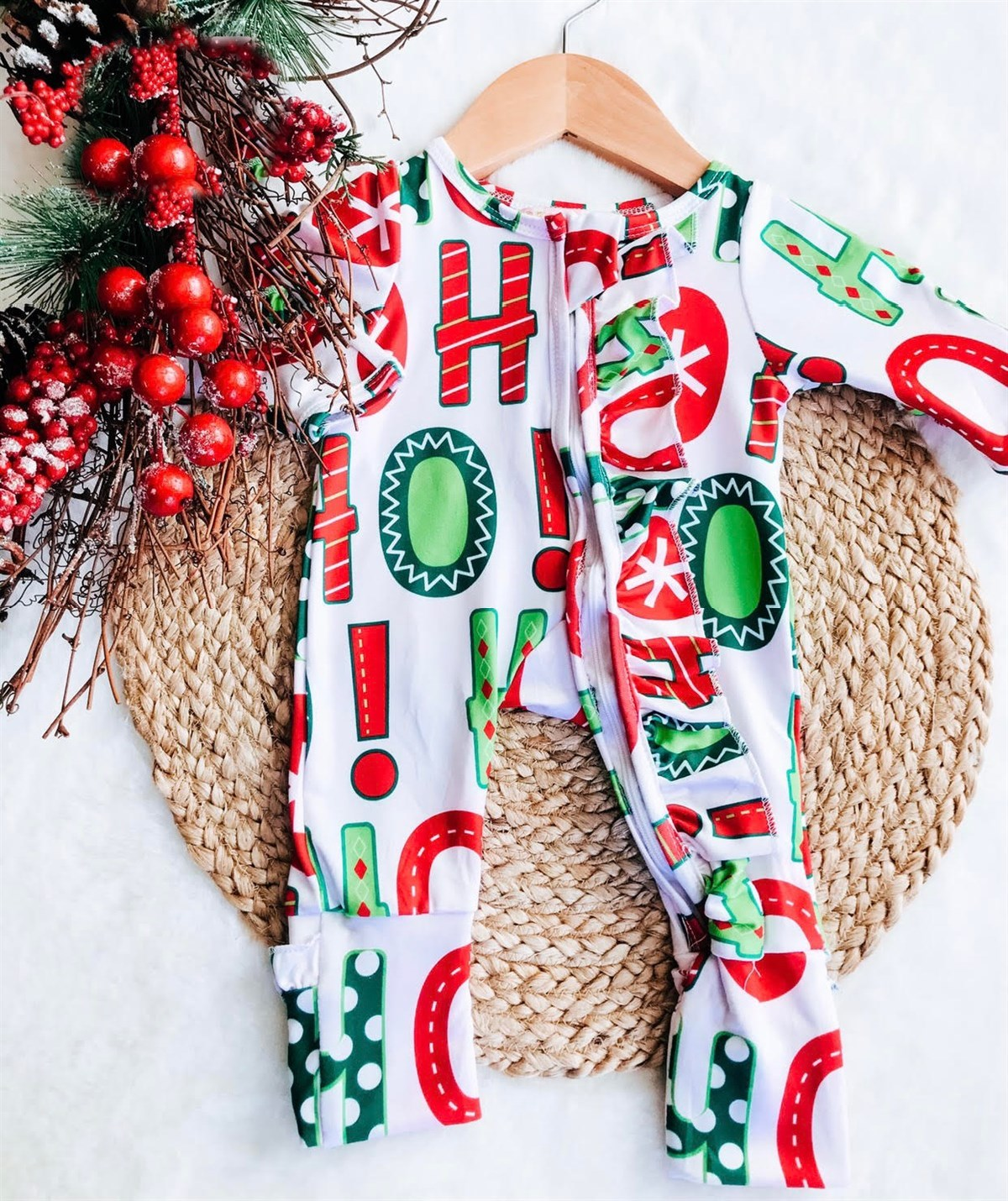 Baby Red & Green Ho Ho Ho Holiday Zipper Convertible Sleepers