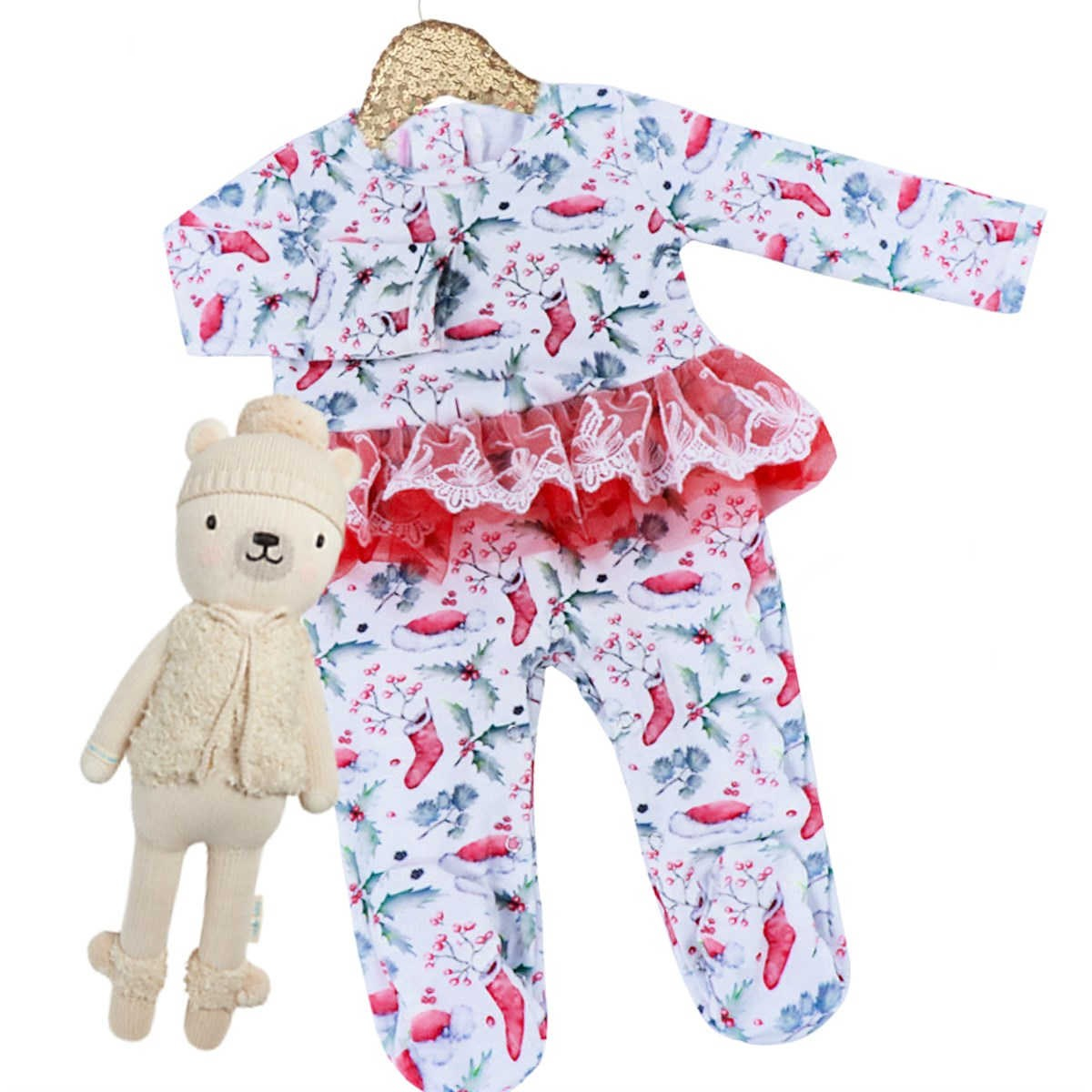 Kryssi Kouture Sienna Holiday Infant Deluxe Tutu Jumpsuit - Red Holly Christmas Tutu. Includes red tutu skirt at waist. Pattern has green & red holly, and red stockings.