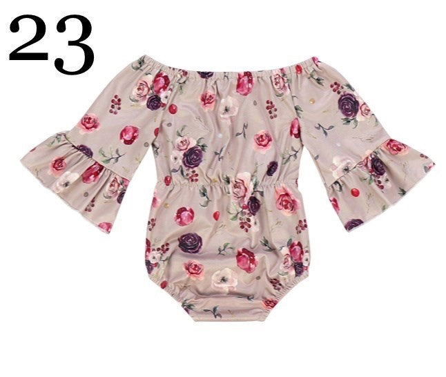 Tan Rose Romper with Maroon Bow