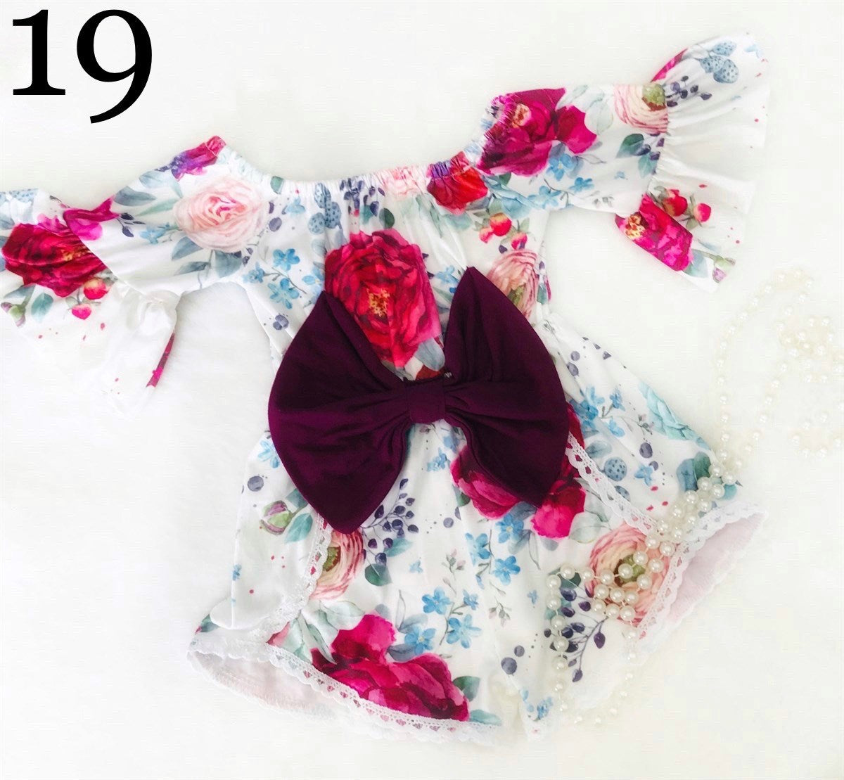 Pink Rose Vintage Floral Romper with Maroon Bow
