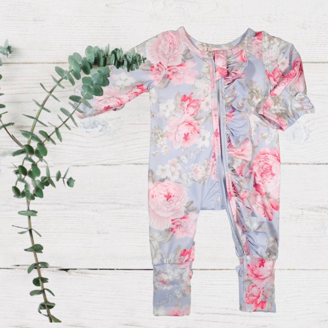 Sadie Periwinkle Rose Ruffle Zippie Jumpsuit/Sleeper