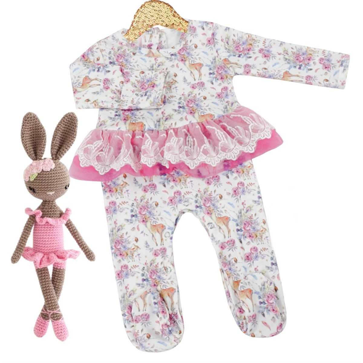 Kryssi Kouture Sienna Holiday Infant Deluxe Tutu Jumpsuit - Deer Flora - Tutu. Includes a dear with many florals. The tutu around the waist is pink.
