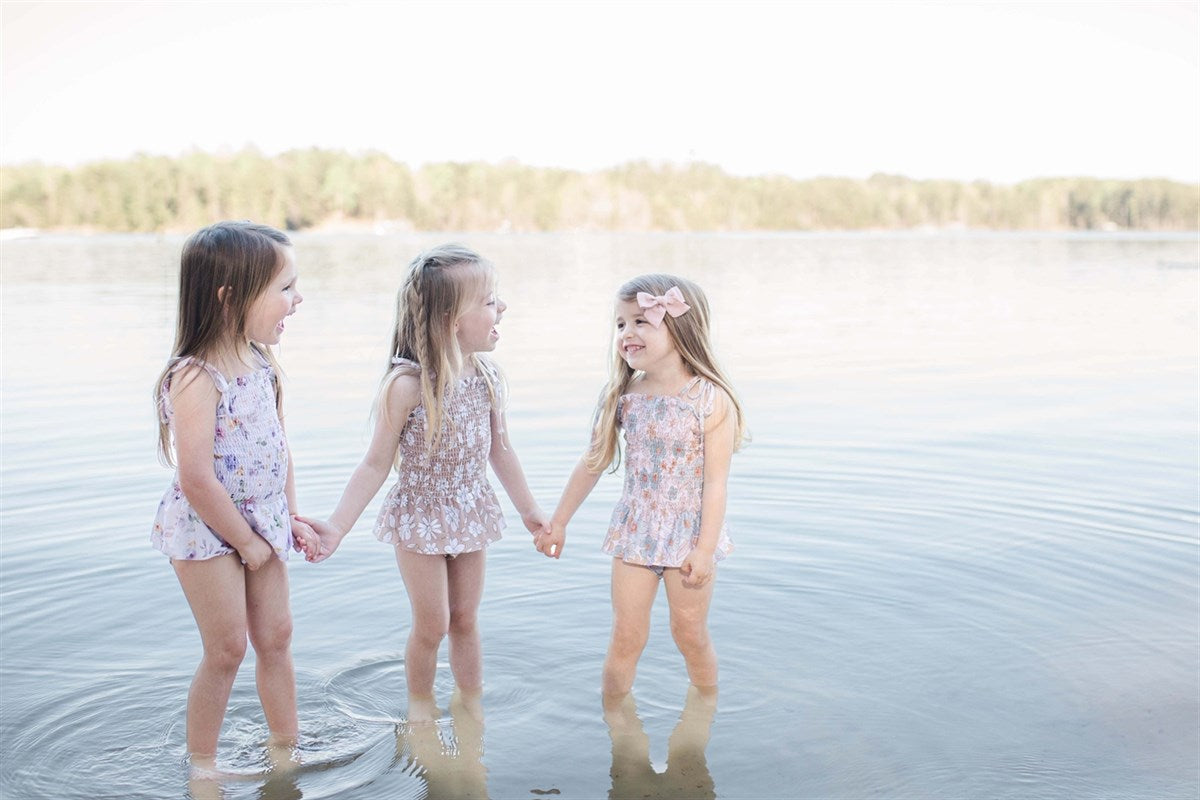 Girls Swimsuits - Tan White Floral - 1 Pc Accordion