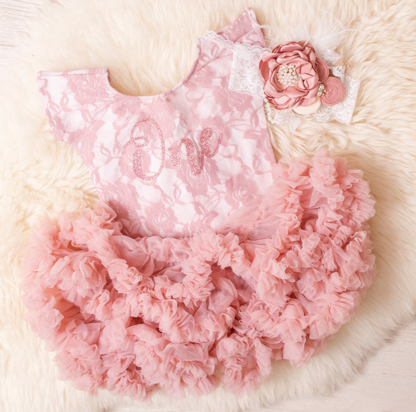 Kryssi Kouture First Birthday Dusty Rose Short Sleeve Lace Leo Sets with Rose Gold One