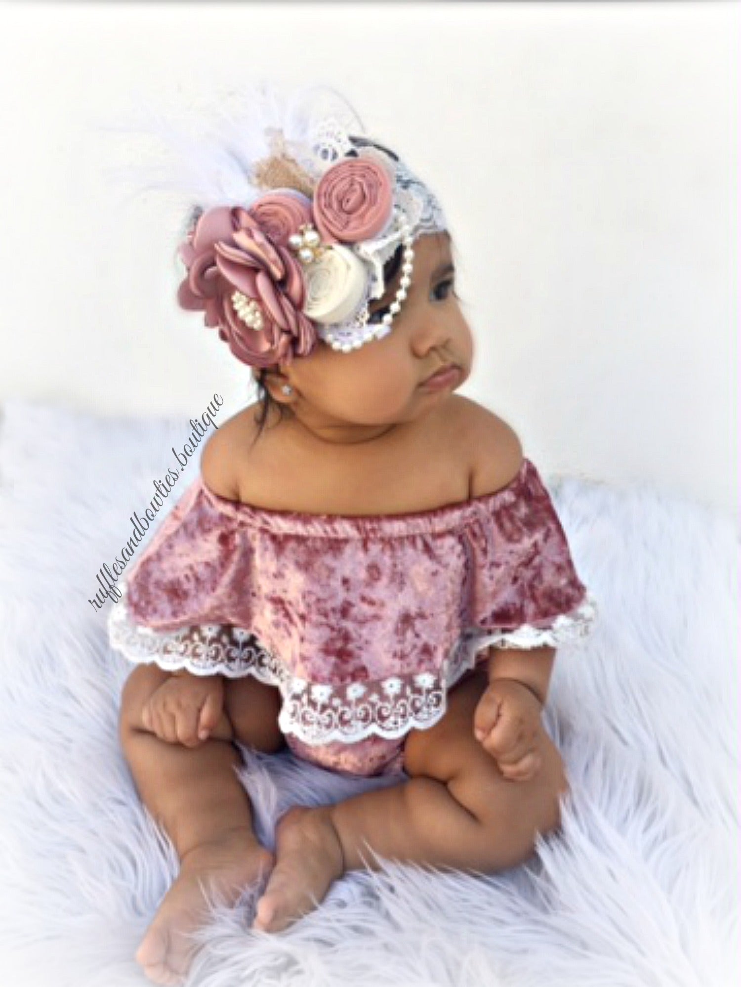 "Isn't She Lovely" Baby Girls Dusty Rose Velvet and Lace Off the Shoulder Bodysuit Romper