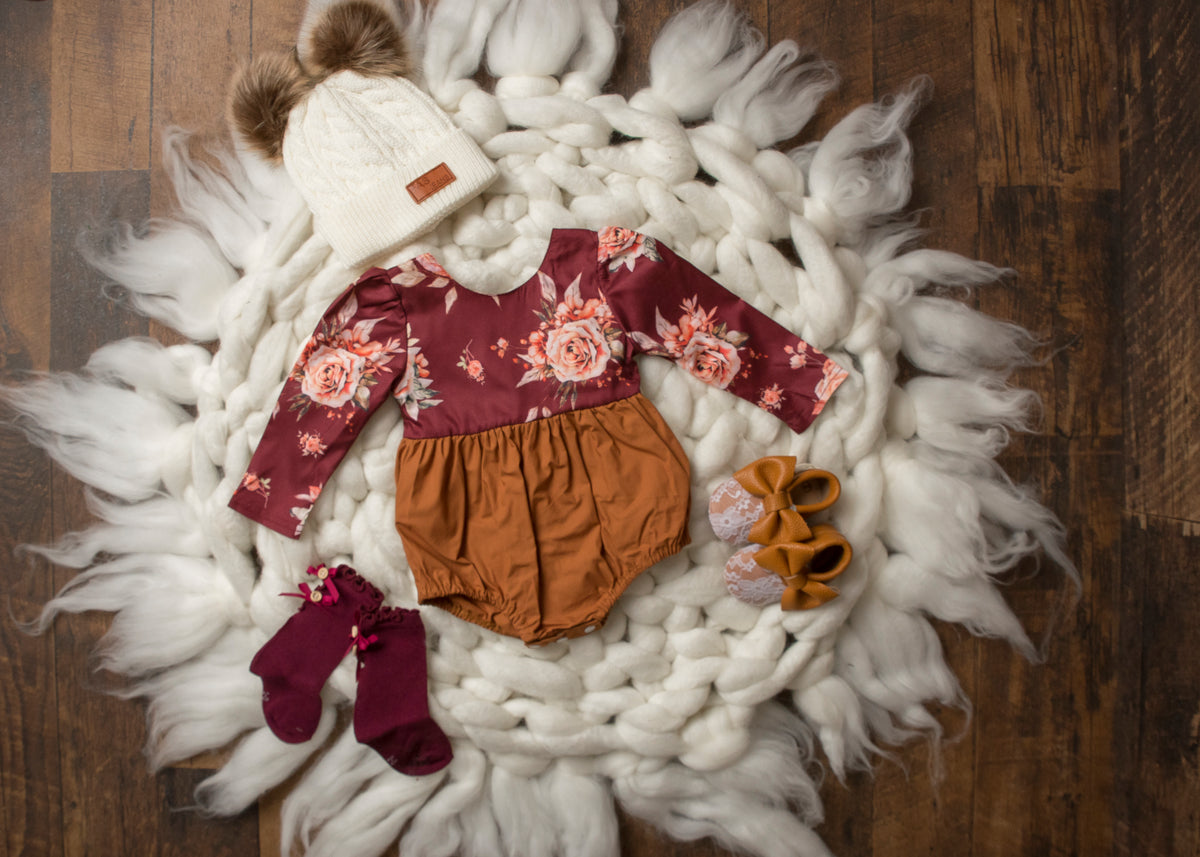 Marsala Wine & Mustard Floral Long Sleeve Romper