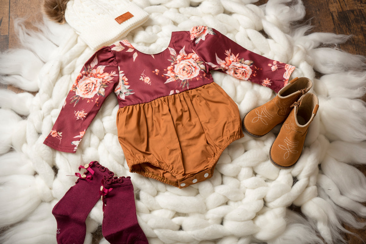 Marsala Wine & Mustard Floral Long Sleeve Romper