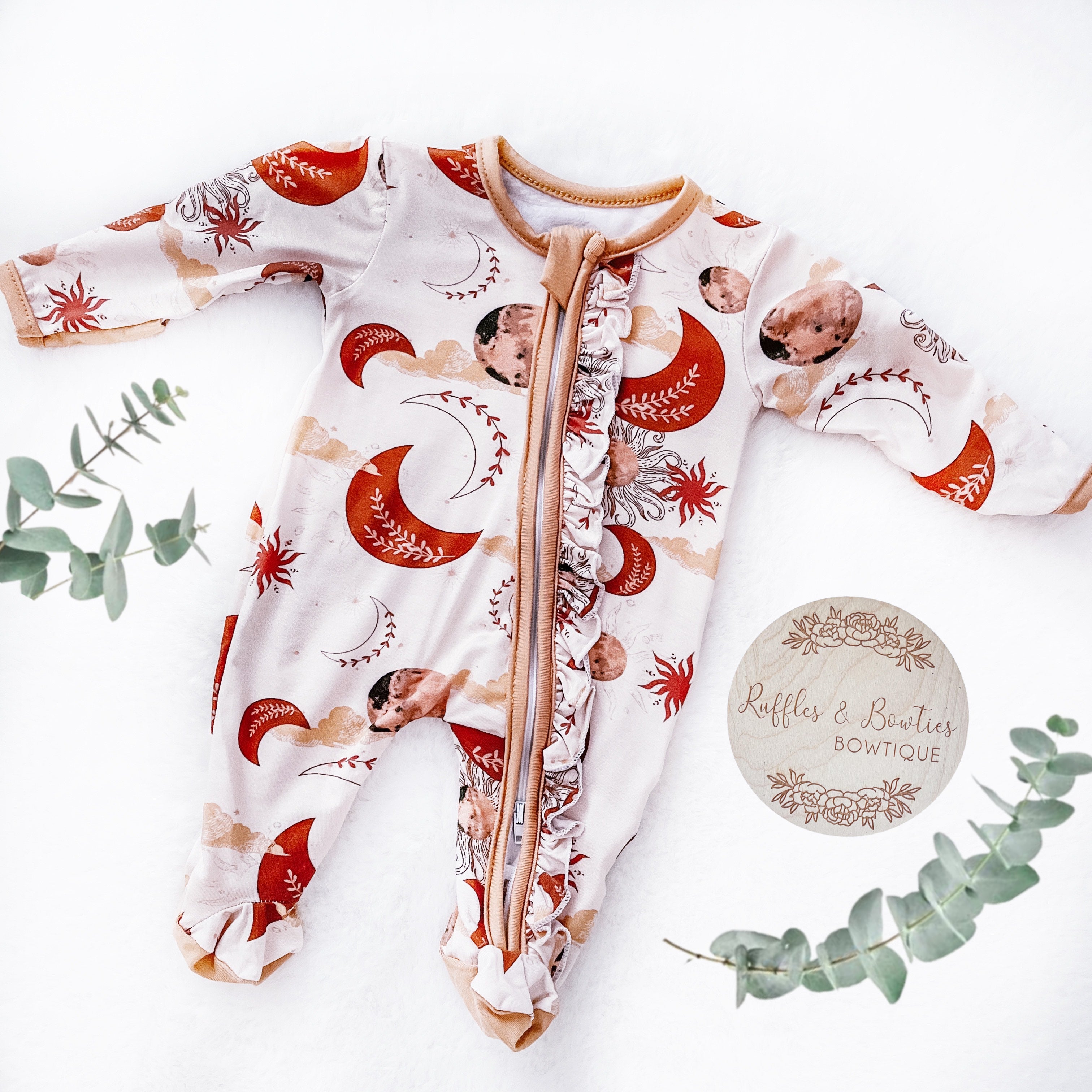 Premier Baby Printed Bamboo Ruffle Zippies - Rust Moons