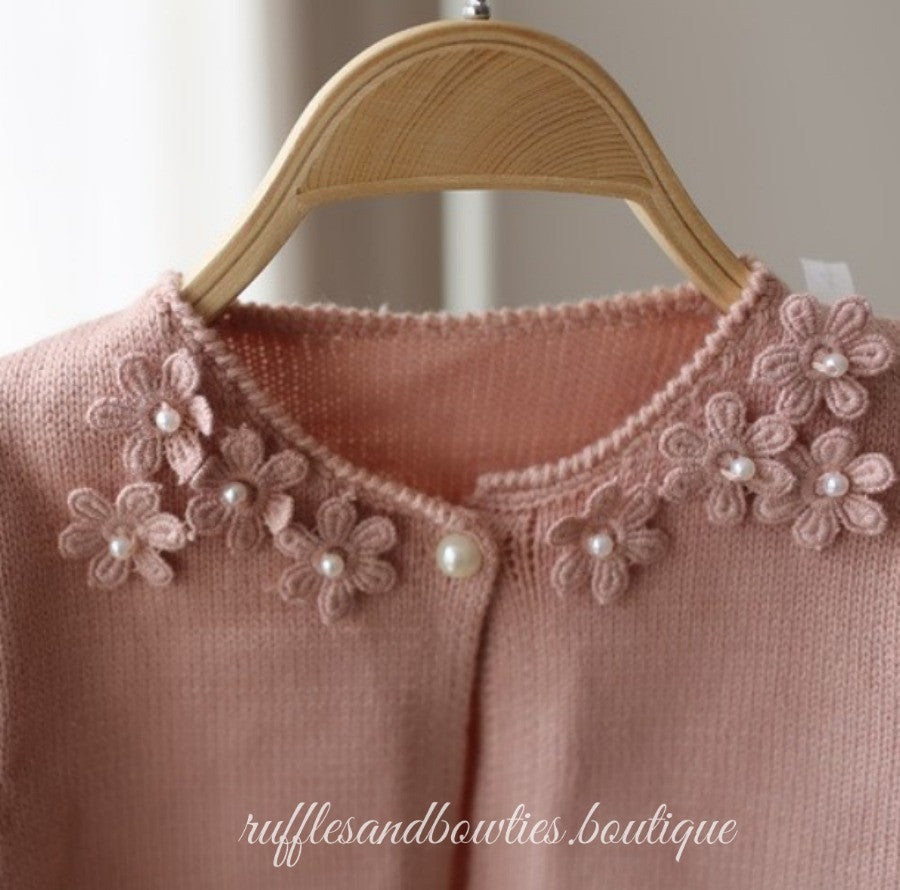 Spencer Dusty Rose Floral & Pearl Sweater, Fall - Ruffles & Bowties Bowtique