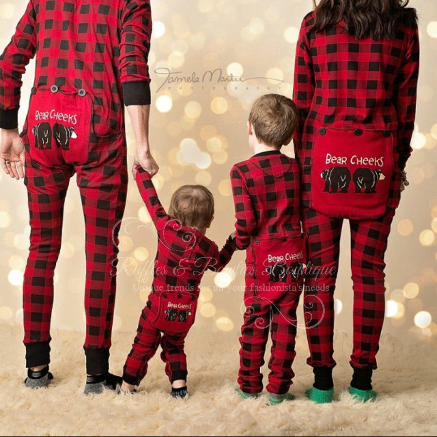 PRE ORDER - Lazy One Youth & Adult Buffalo Plaid BEAR CHEEKS Flapjack Matching Christmas Pj's - Ruffles & Bowties Bowtique - 1