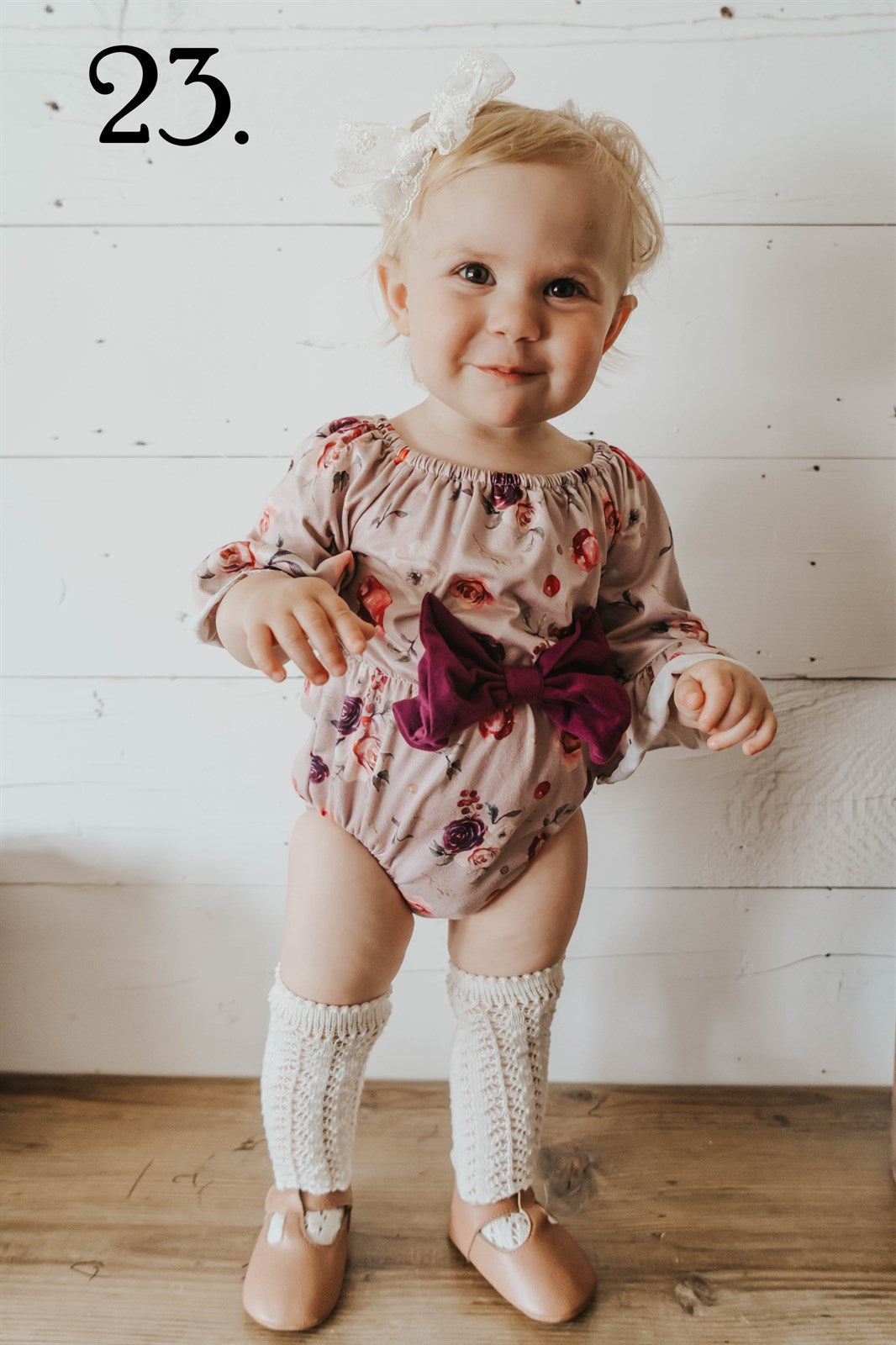 Tan Rose Romper with Maroon Bow