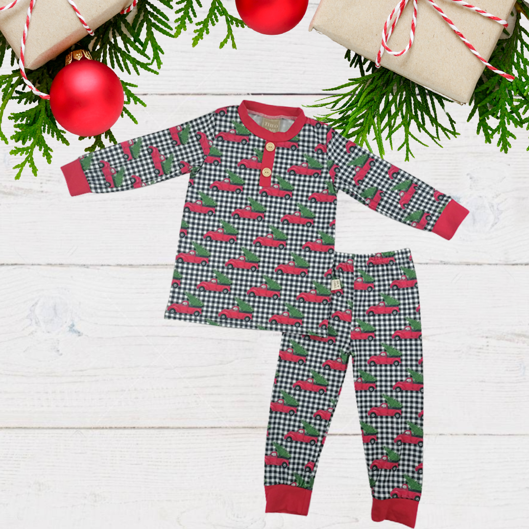 Toddler Black Buffalo Plaid with Red Truck Christmas Pajama Set
