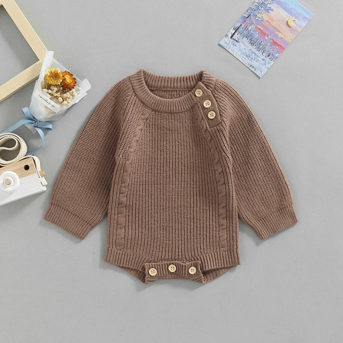 Kids Brown Rib Long Sleeve Button Romper