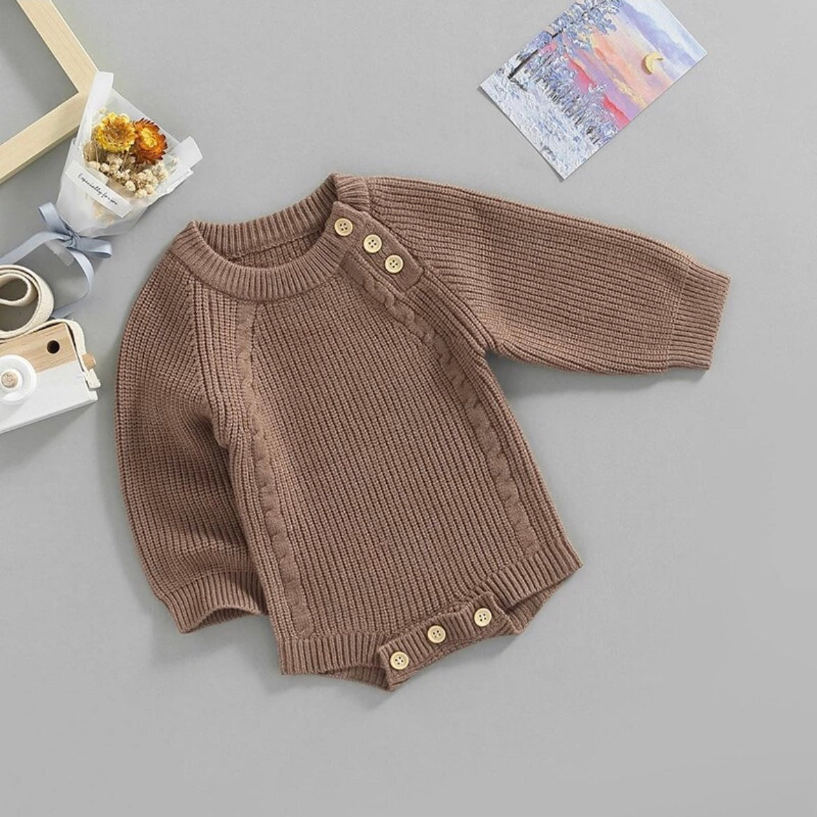 Kids Brown Rib Long Sleeve Button Romper