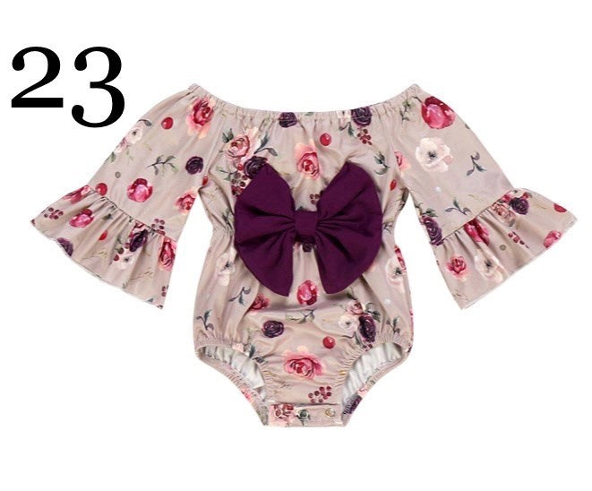 Tan Rose Romper with Maroon Bow