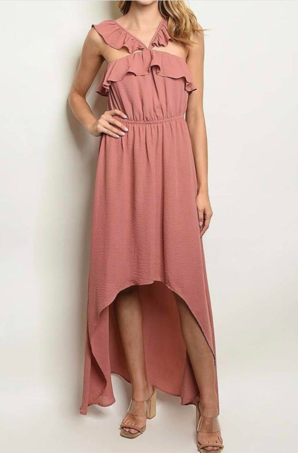 Ladies Dusty Rose Ruffle High Low Dress