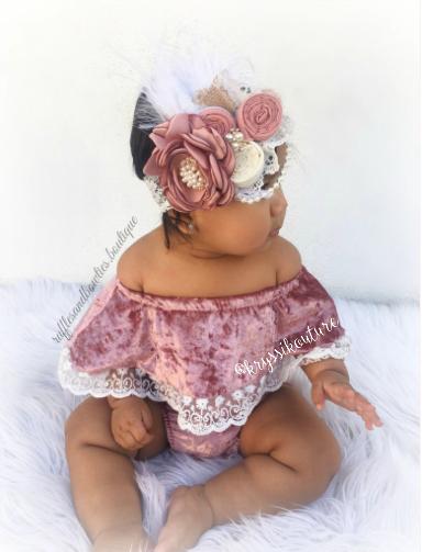 Kryssi Kouture Exclusive "Isn't She Lovely" ® Baby Girls Dusty Rose Velvet and Lace Off the Shoulder Bodysuit Romper, Romper - Ruffles & Bowties Bowtique