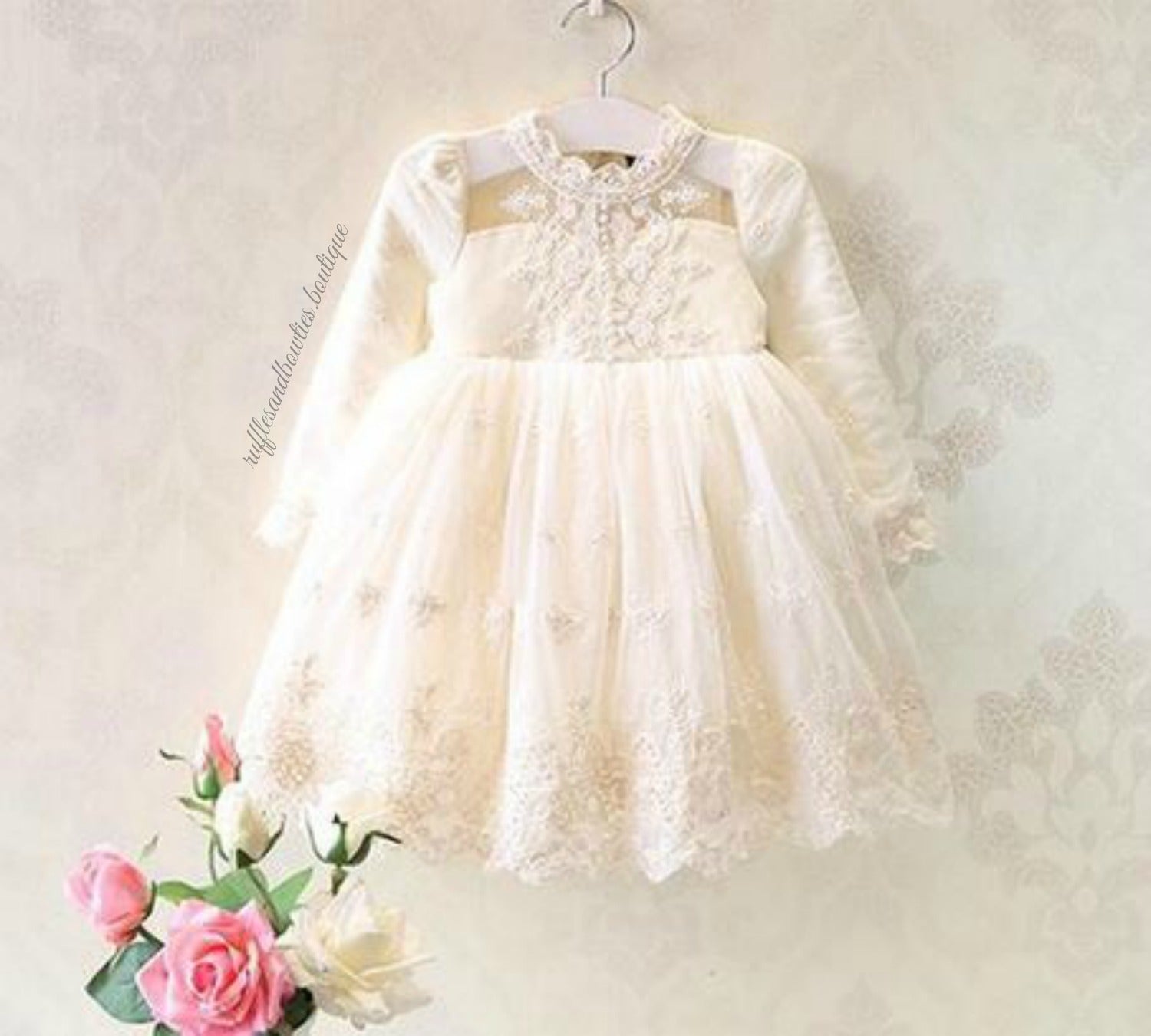 Kryssi Kouture Grace & Lace Girls Ivory Lace and Pearl Long Sleeve Tulle Dress, Fall - Ruffles & Bowties Bowtique