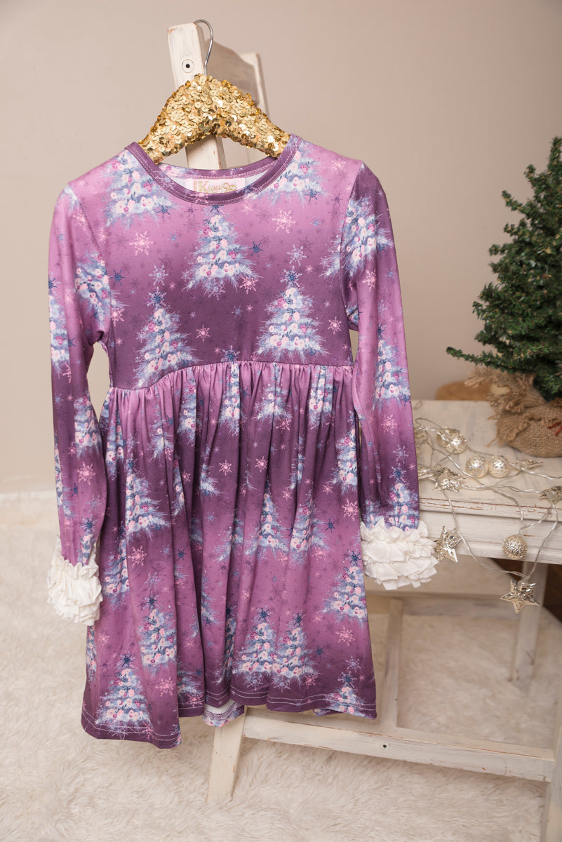 Purple Christmas Trees Long Ruffles Sleeve Tunic/Dress