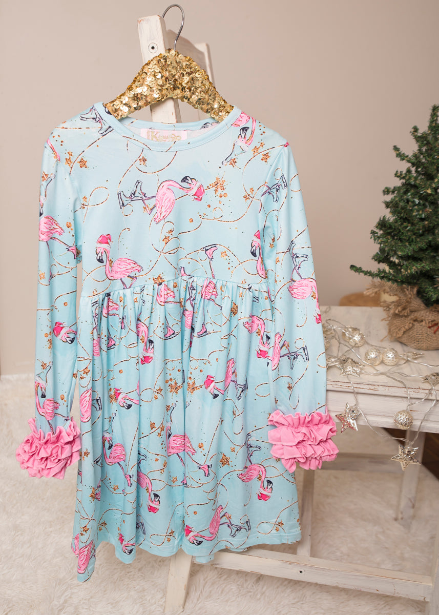 Skating Flamingos Long Ruffles Sleeve Tunic/Dress