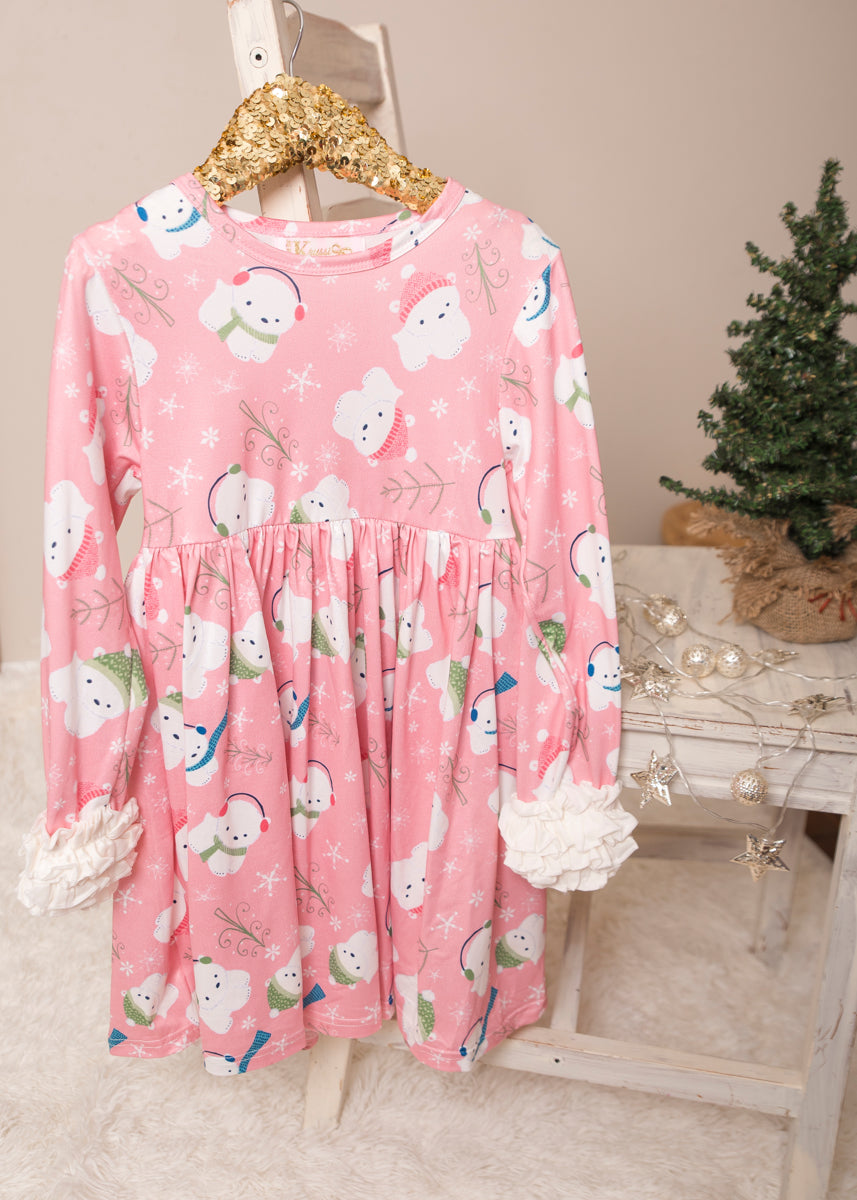 Pink Polar Bear Long Ruffles Sleeve Tunic/Dress