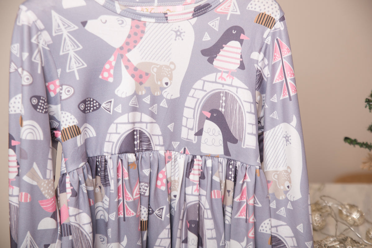 Pink & Grey Igloo Long Ruffles Sleeve Tunic/Dress