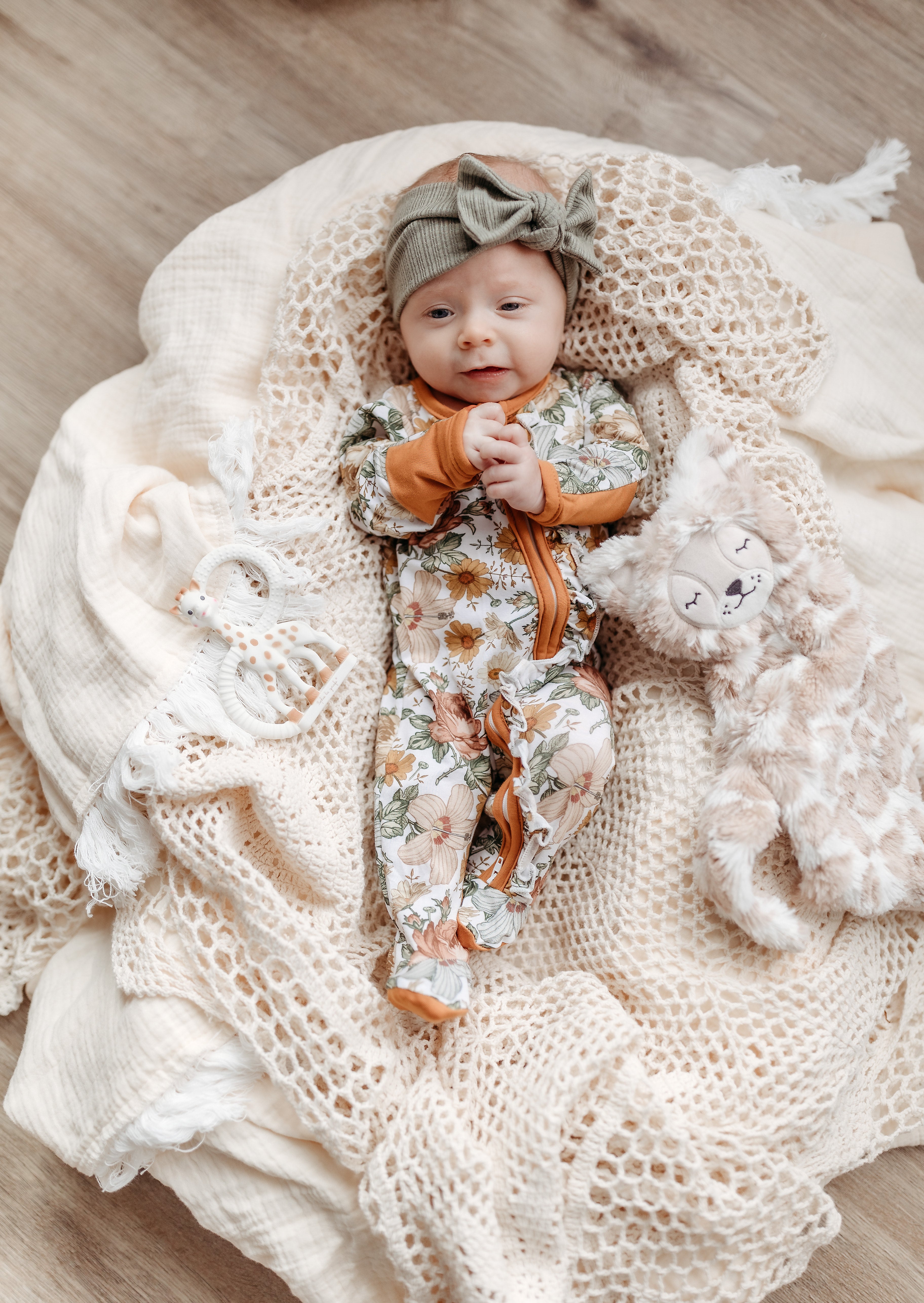 Neutral Printed Bamboo Ruffle Zippies - Floral Melody