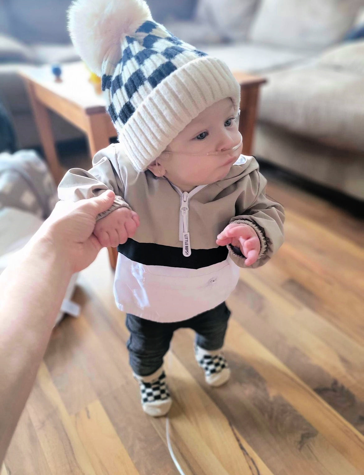 Kids Happy Face Beanies - White Pom White Checkered