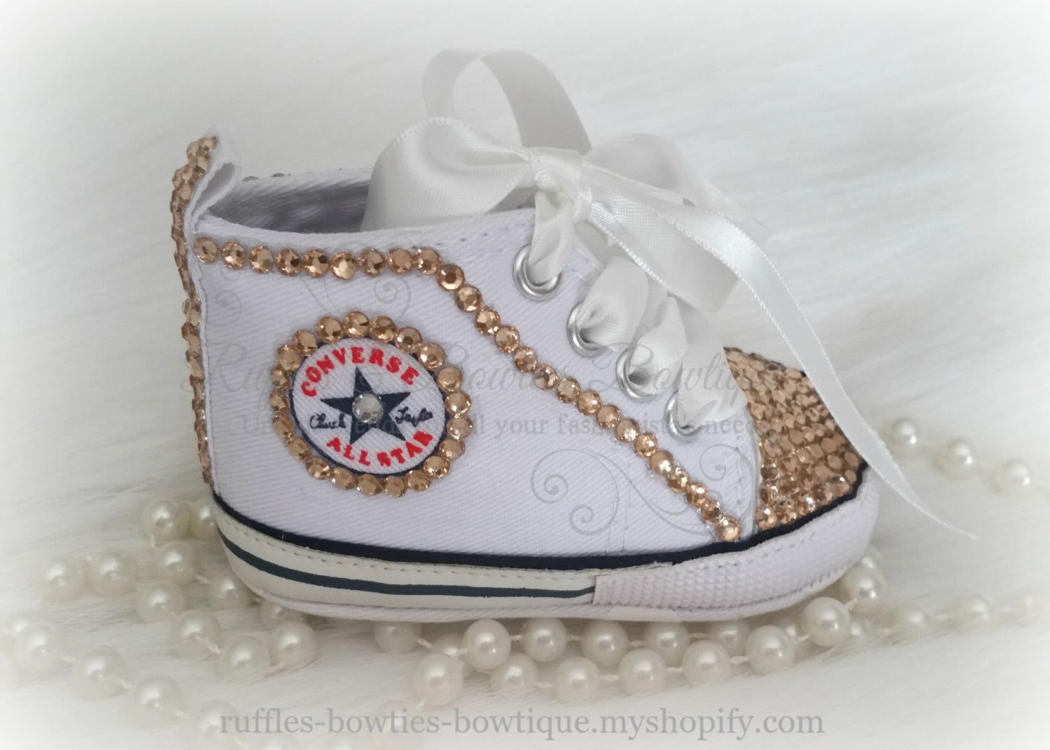 White and Gold Crystal Baby Converse High Tops- Crystal Shoes Pre Wa
