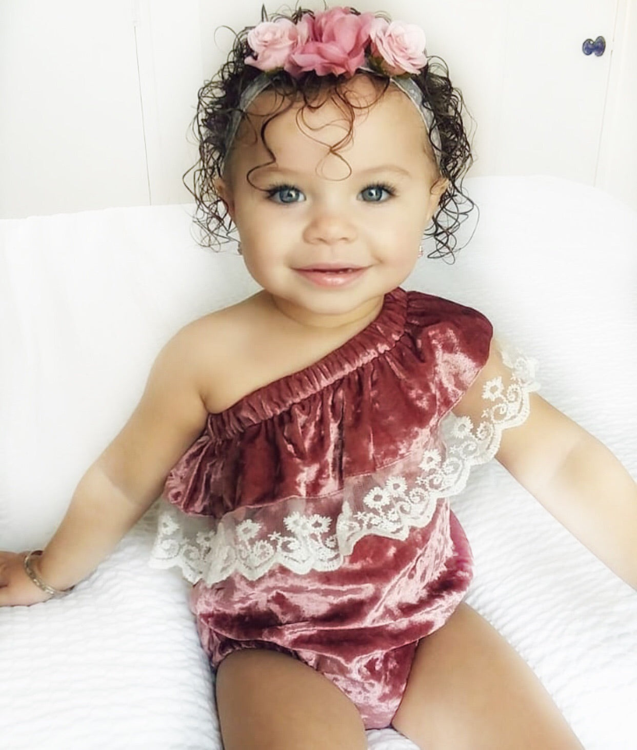 Kryssi Kouture Exclusive "Isn't She Lovely" ® Baby Girls Dusty Rose Velvet and Lace Off the Shoulder Bodysuit Romper, Romper - Ruffles & Bowties Bowtique