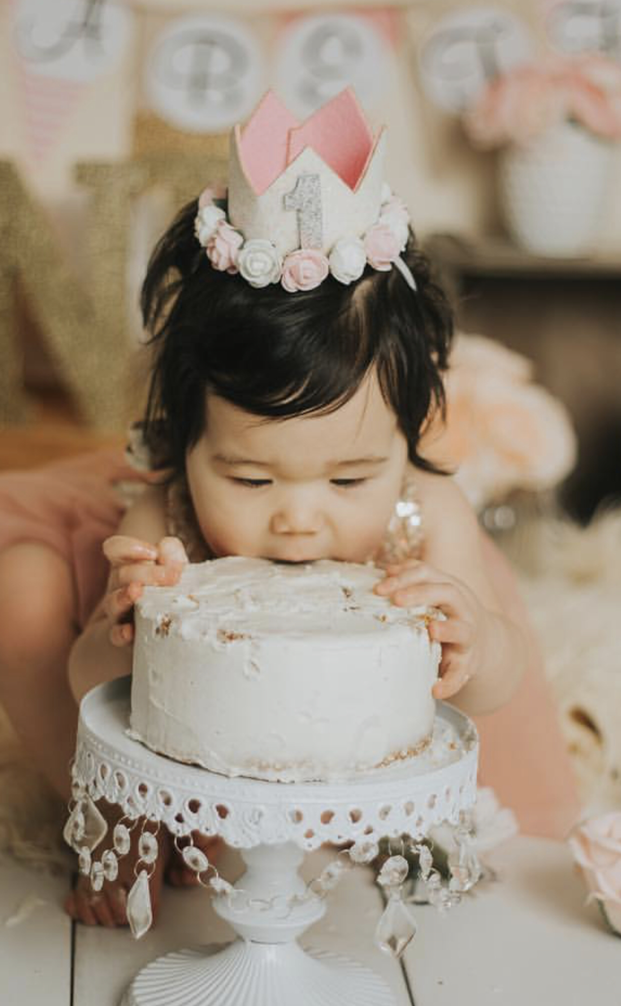 Girls Pink and White First Birthday Sparkling Glitter Floral birthday Crown ONE, Birthday - Ruffles & Bowties Bowtique