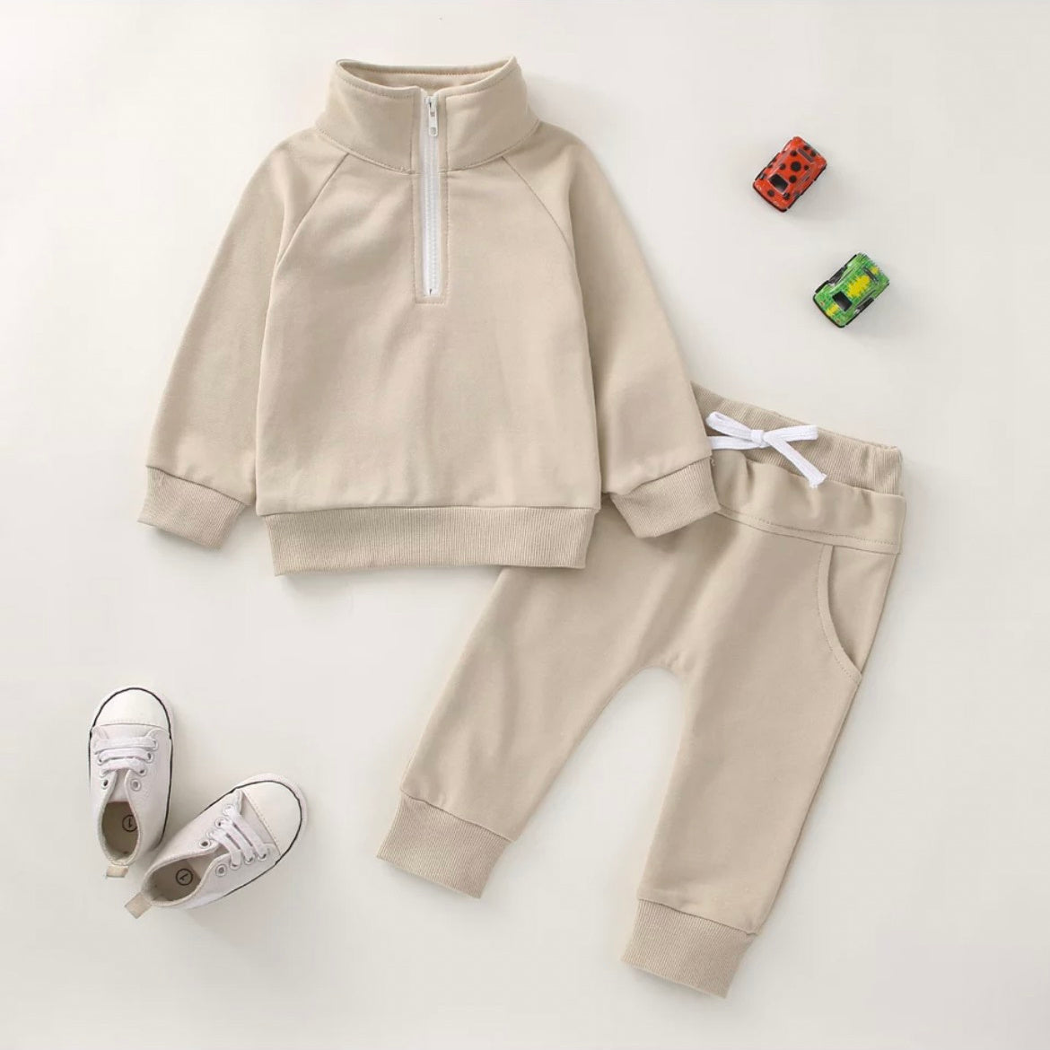 Infant Toddler Half Zip Beige Jogger Set