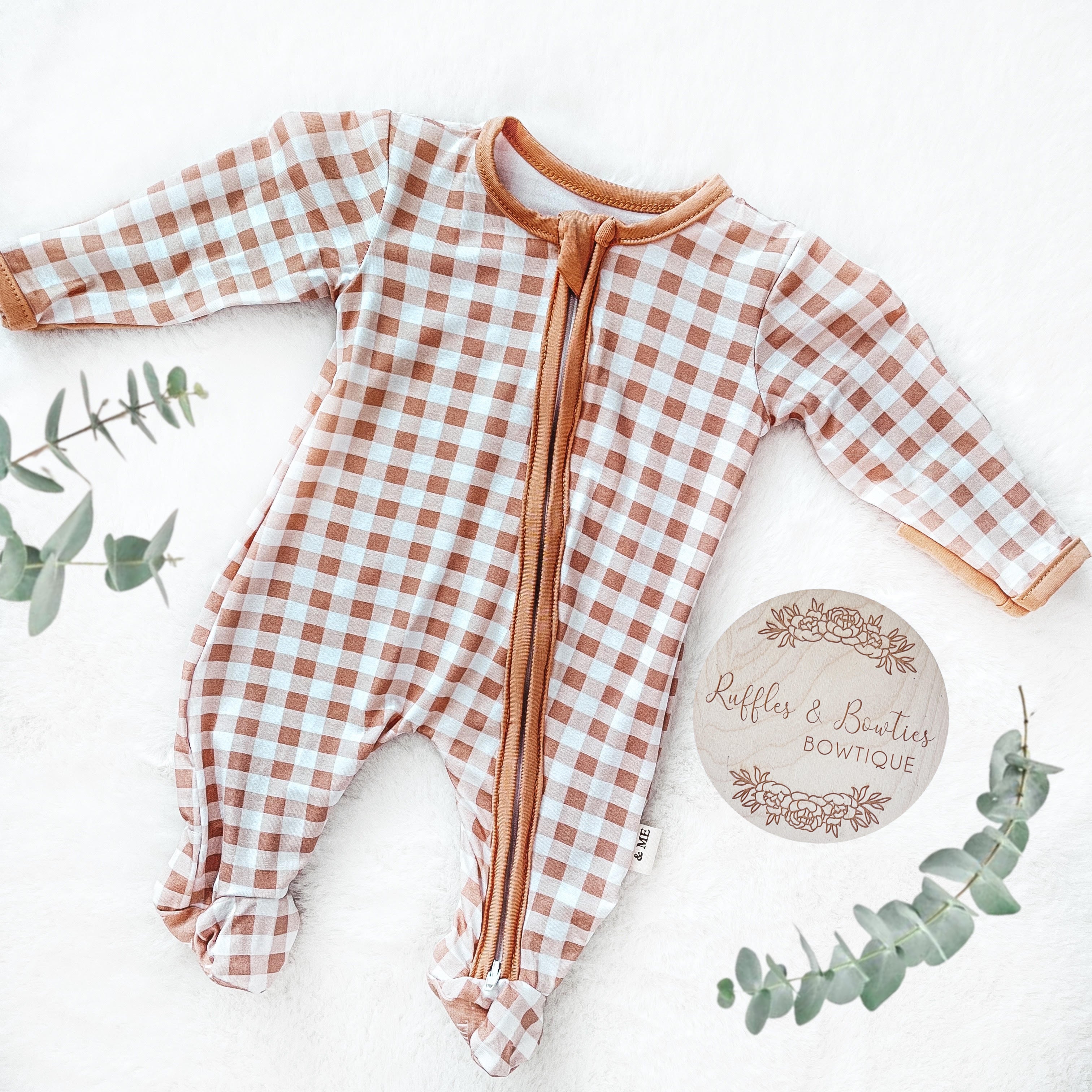 Premier Baby Printed Bamboo Zippies - Rust Check