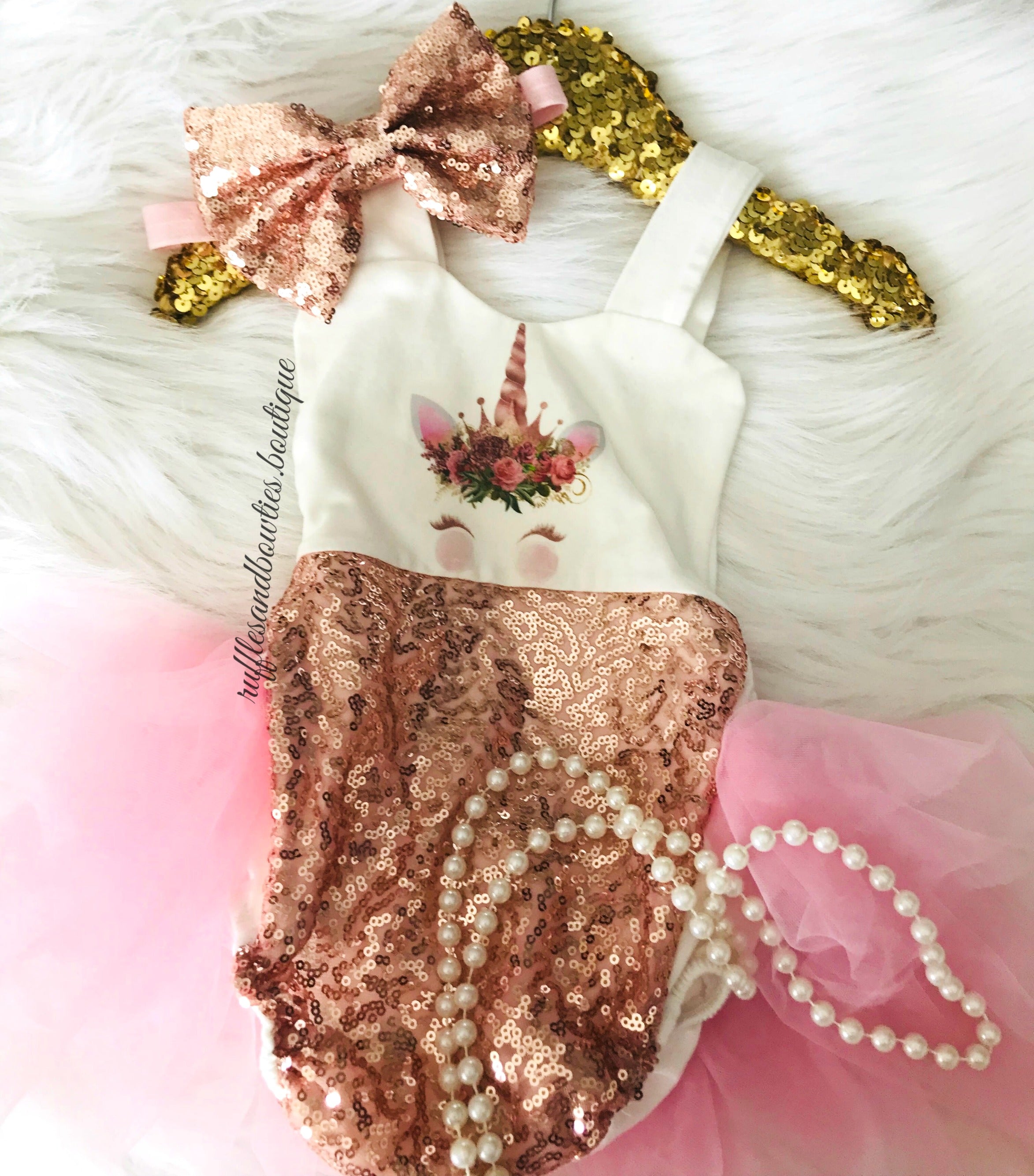 Baby Girls Rose Gold Princess Vintage Unicorn First Birthday Tutu Romper