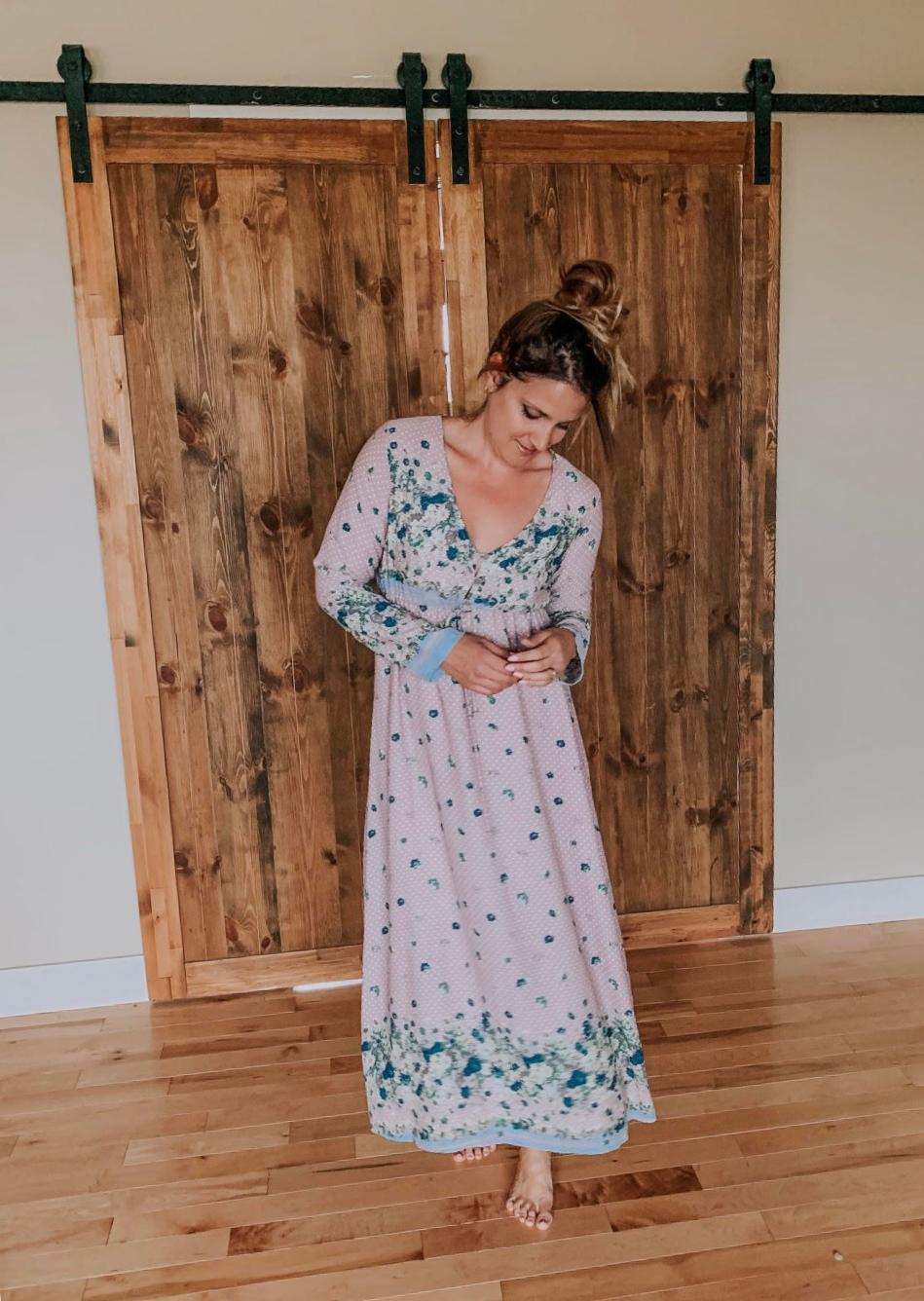 Ladies Ice Blue & Pink Floral Long Sleeve Dress