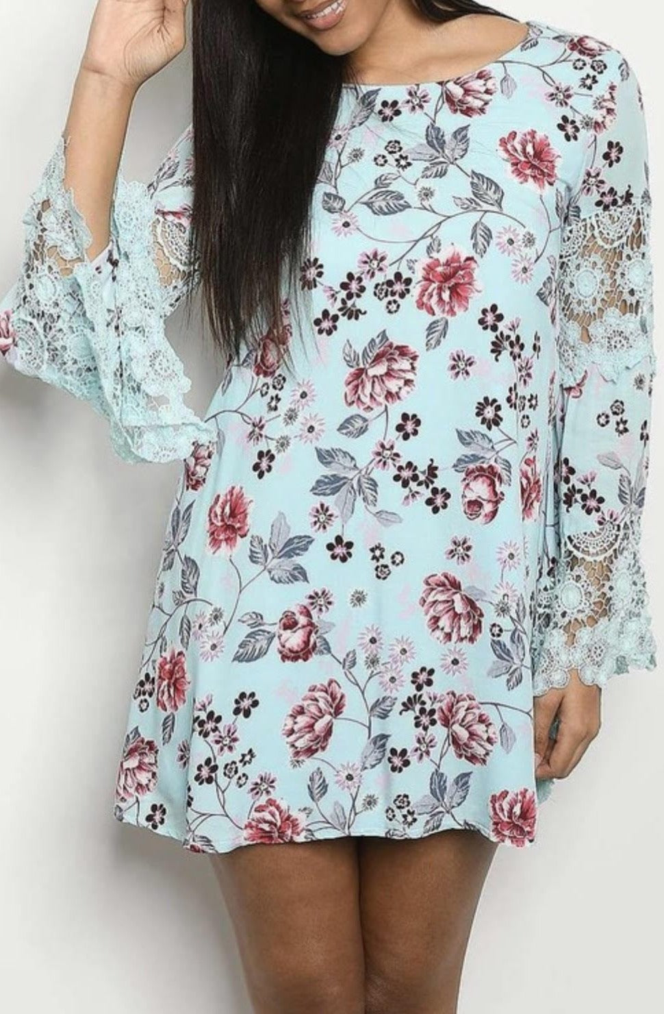 Oriental Bloom Lantern Lace Sleeve Tunic - Aquamarine