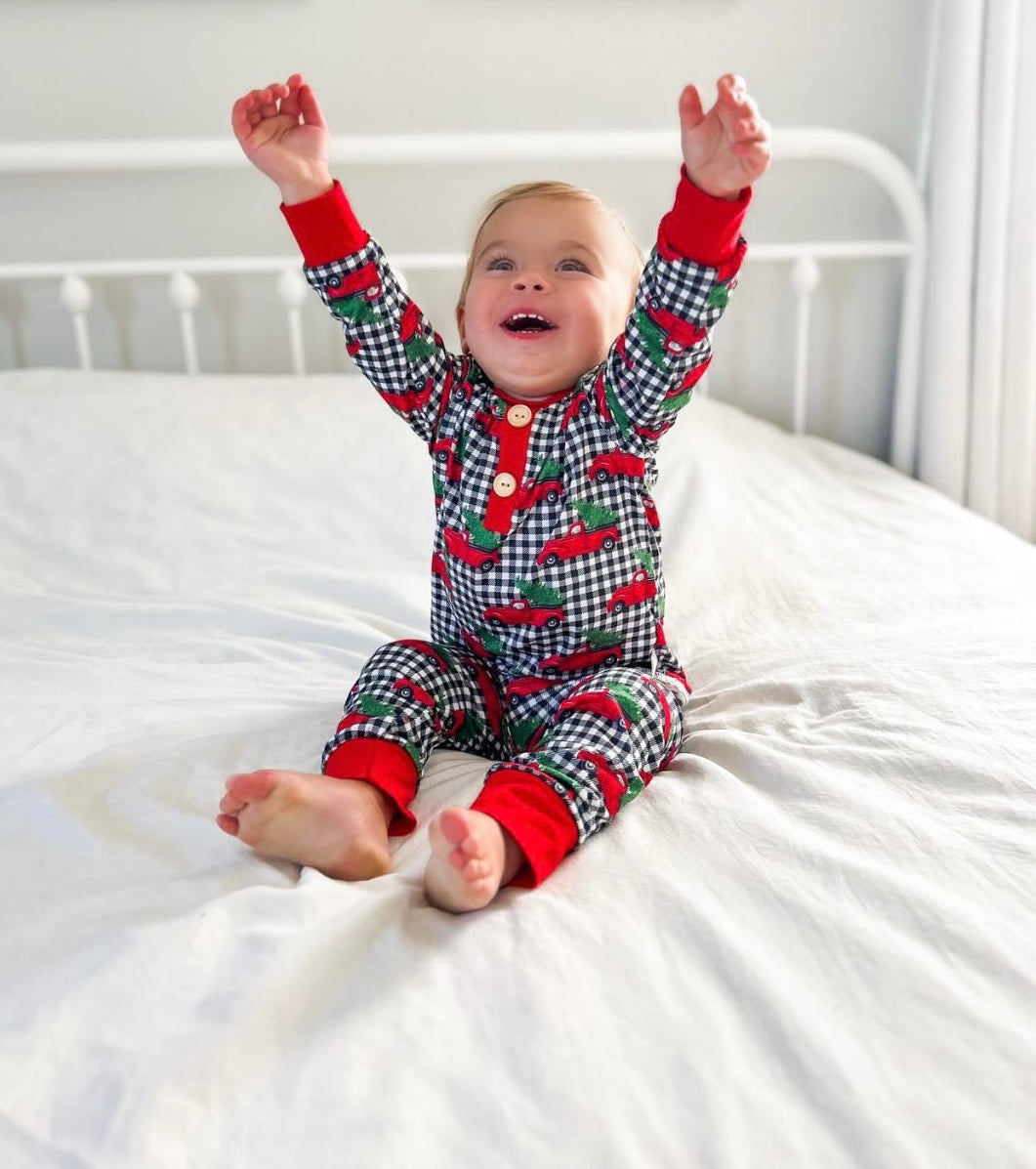 Adorable Black & white Buffalo Check with Red old truck and christmas tree 2 pc baby & Kids Pajamas