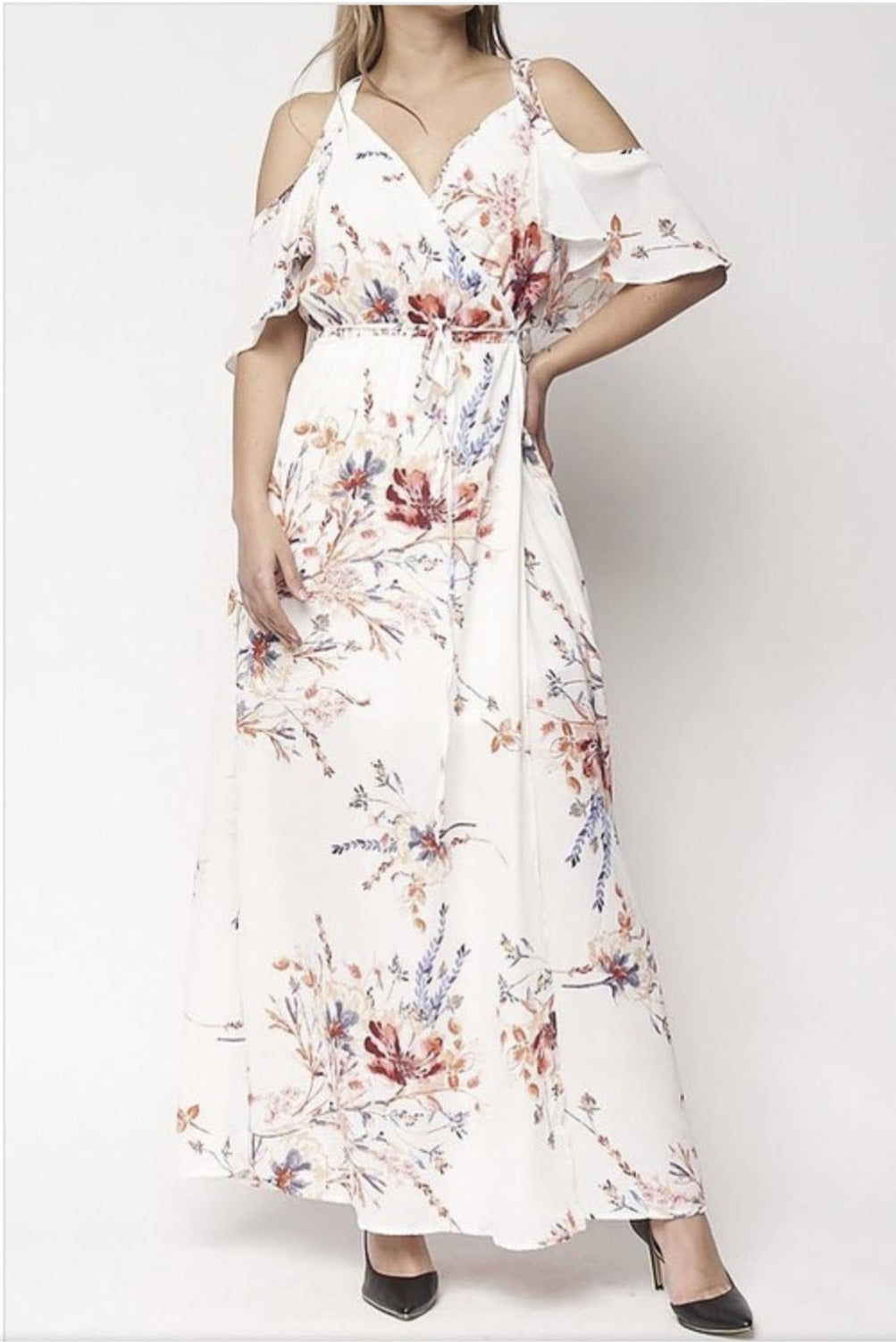 MORNING BLOOM COLD SHOULDER WRAP MAXI DRESS