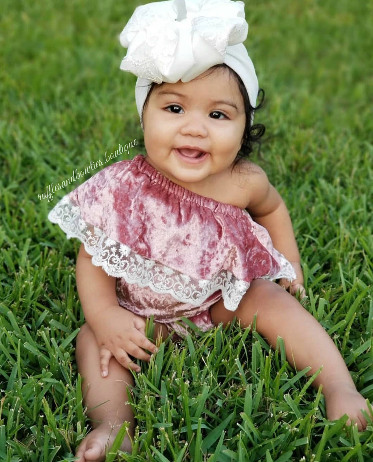 Kryssi Kouture Exclusive "Isn't She Lovely" ® Baby Girls Dusty Rose Velvet and Lace Off the Shoulder Bodysuit Romper
