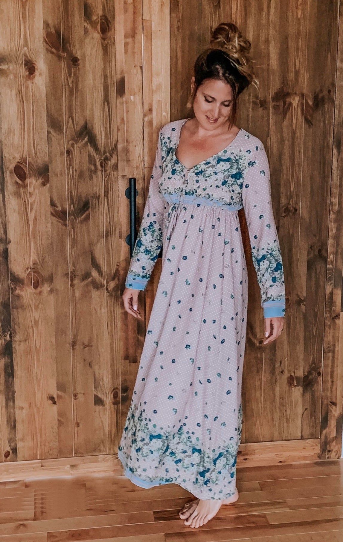 Ladies Ice Blue & Pink Floral Long Sleeve Dress