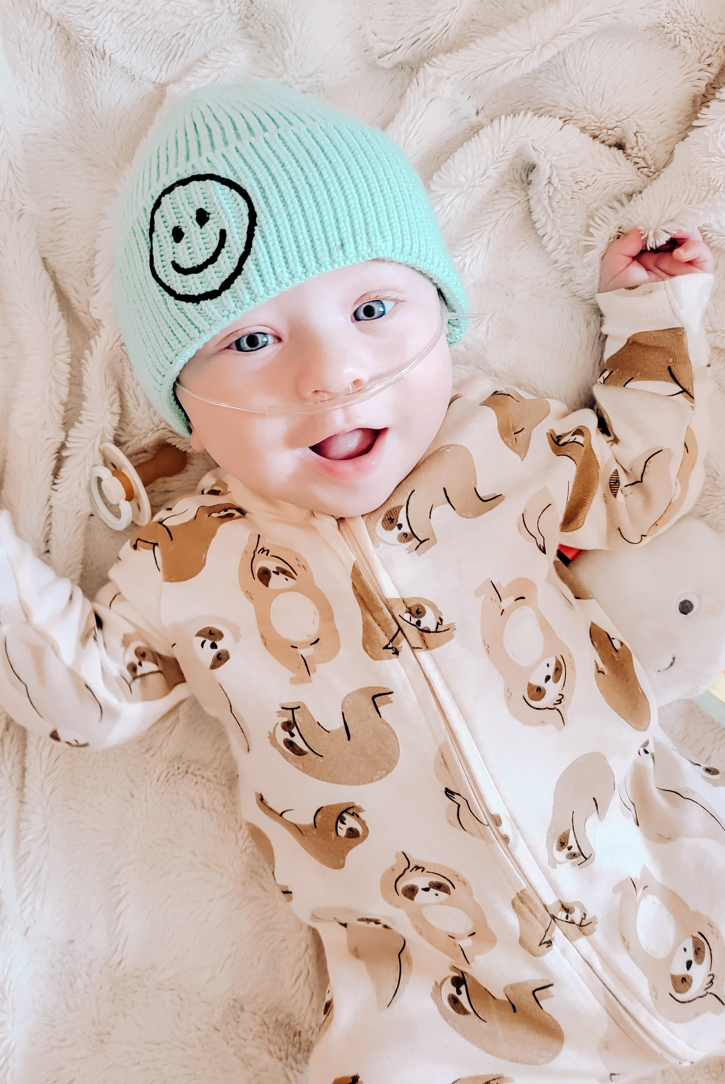 Kids Happy Face Beanies Hats - Mint