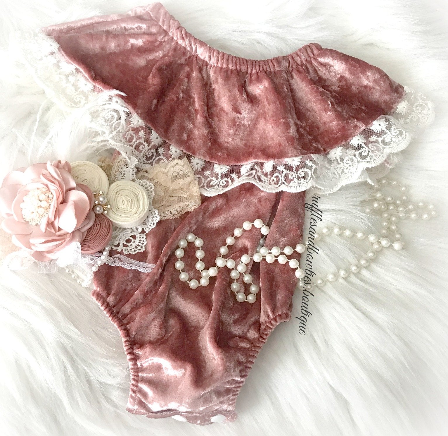 Baby Girls Dusty Rose Velvet and Lace Off the Shoulder Bodysuit Romper