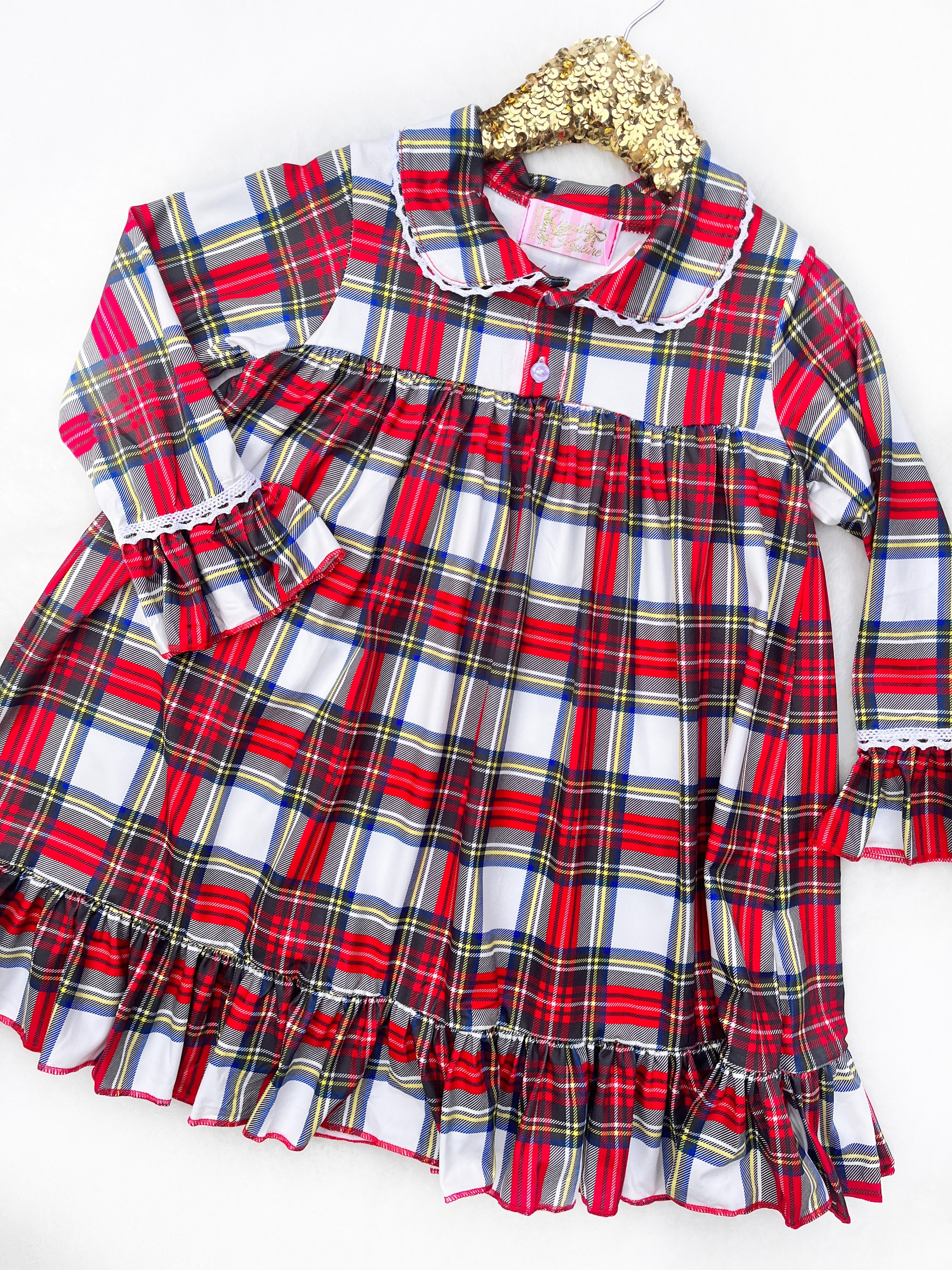 Girls Vintage Christmas Long Sleeved Night Gown - White Tartan Plaid