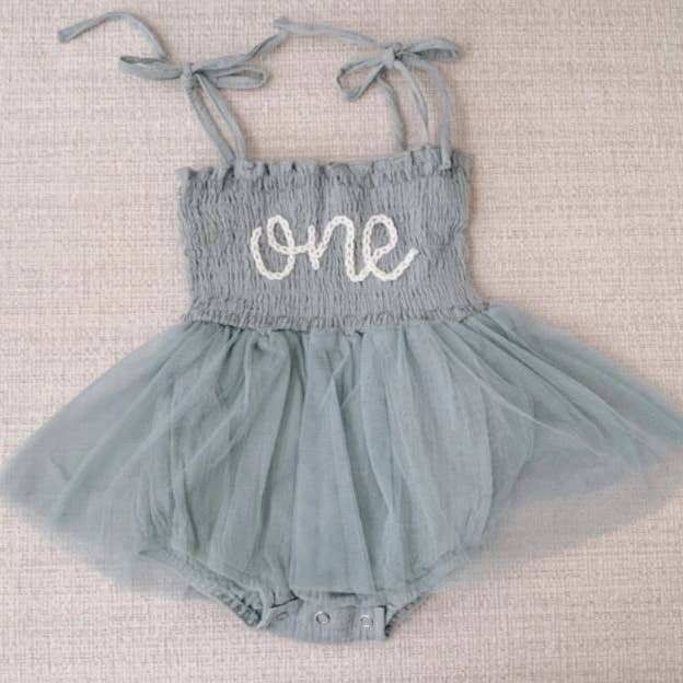 Baby Girl First Birthday Dress Tutu with Embroidered One - Blue/Green