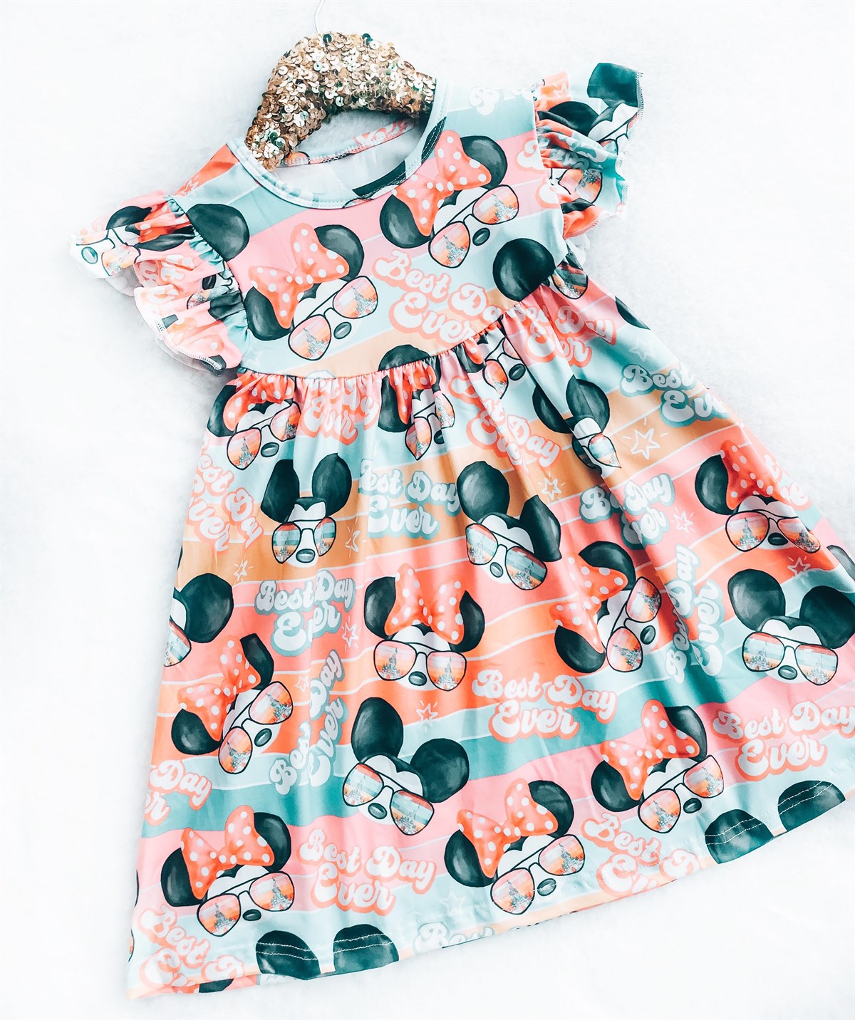 Girls Fun Character Dresses - Best Day Ever Mouse | Peach - minnie and mickey wearing aviators with reflections of the castle - peach, orange, and blue sunset colors