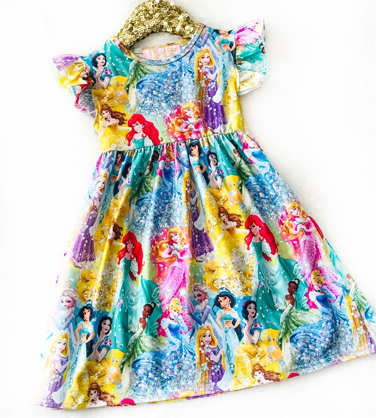 Girls Fun Character Dresses - Confetti Princesses - ariel, elsa, rapunzel, belle, snow white, tiana, cinderella, aurora