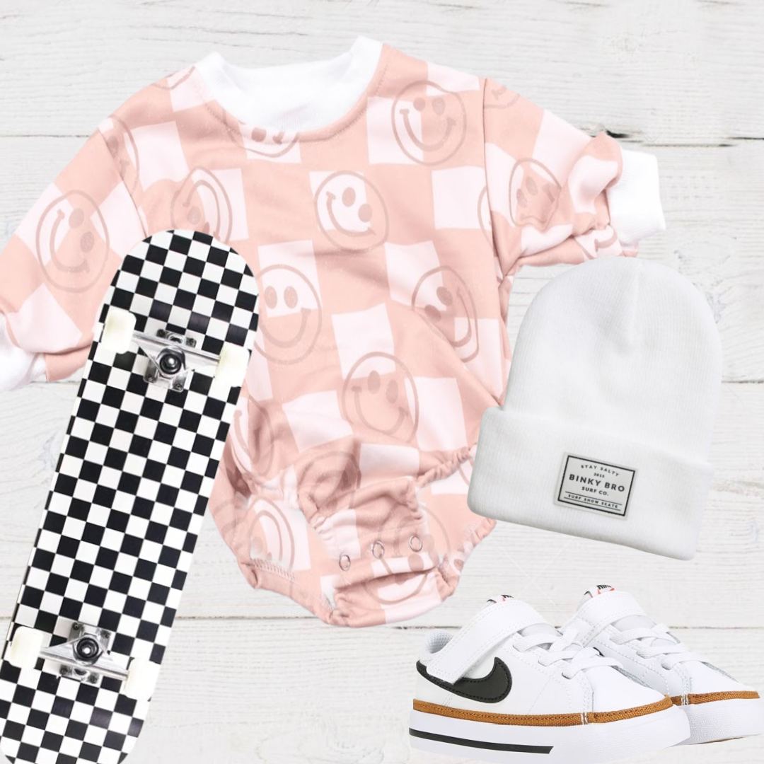 Theo & Me - Blush Checkerd with Smiley Faces sweatshirt baby romper
